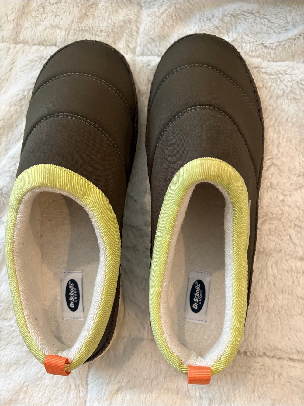 Dr. Scholl's Black Slip-On Puff Clogs with Yellow Trim and Orange Heel Tabs